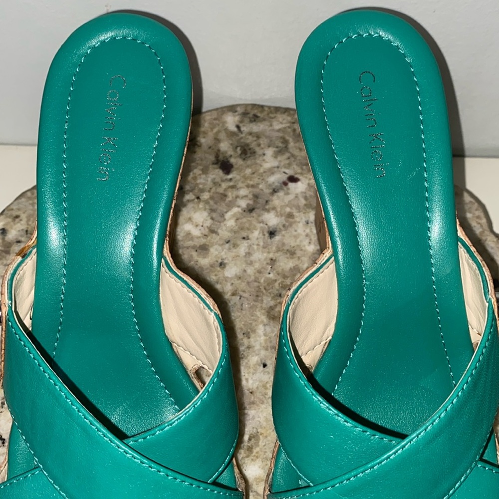 Calvin Klein EVAH Crisscross Cork Wedge Heel Open Toe Sandals Teal Size 8 - Picture 6 of 16